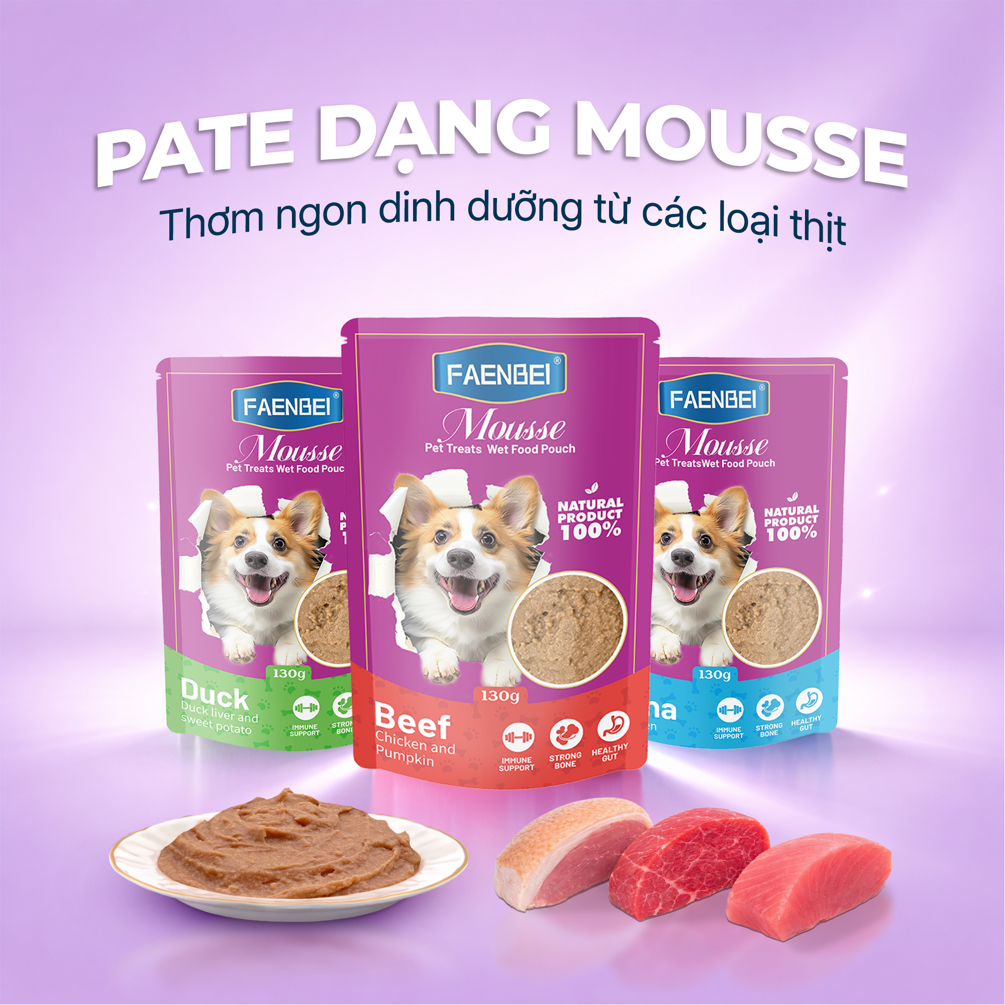 Pate Mousse FAENBEI cho chó từ 3 tháng tuổi - Túi 130G