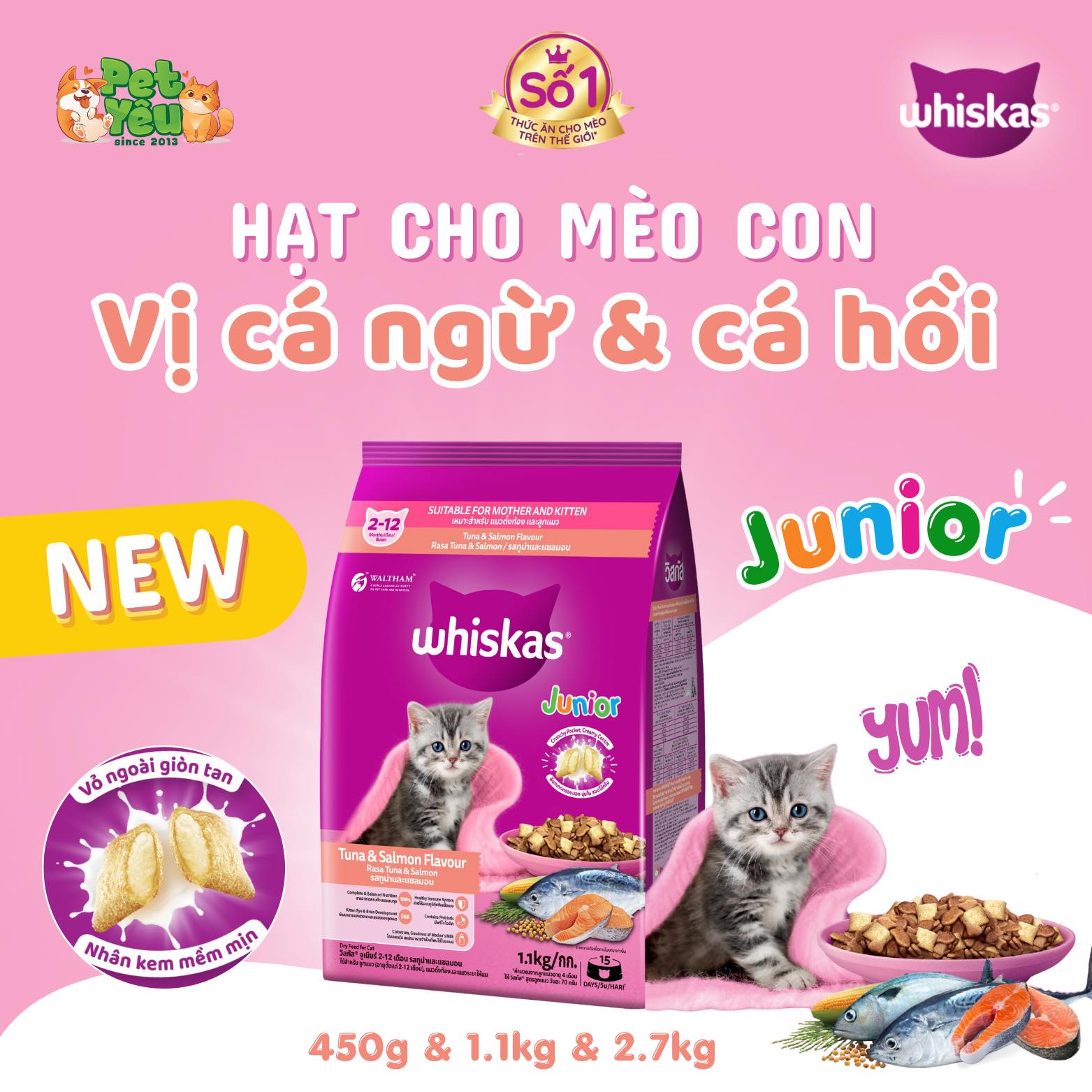 THỨC ĂN HẠT WHISKAS CHO MÈO CON (2-12 THÁNG) - TÚI 1,1KG & 2,7KG