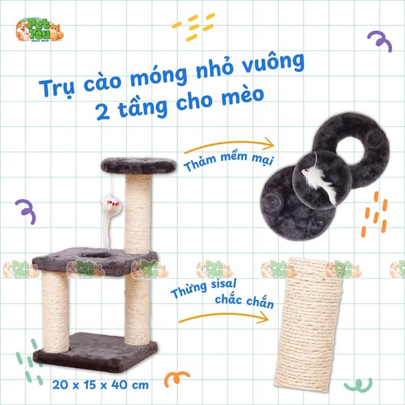Trụ Cào Móng Nhỏ Vuông 2 Tầng Cho Mèo