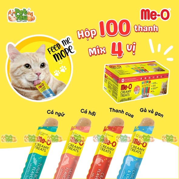 Súp thưởng dạng kem cho mèo ME-O Creamy Treats - Hộp 100 thanh Mix 4 vị
