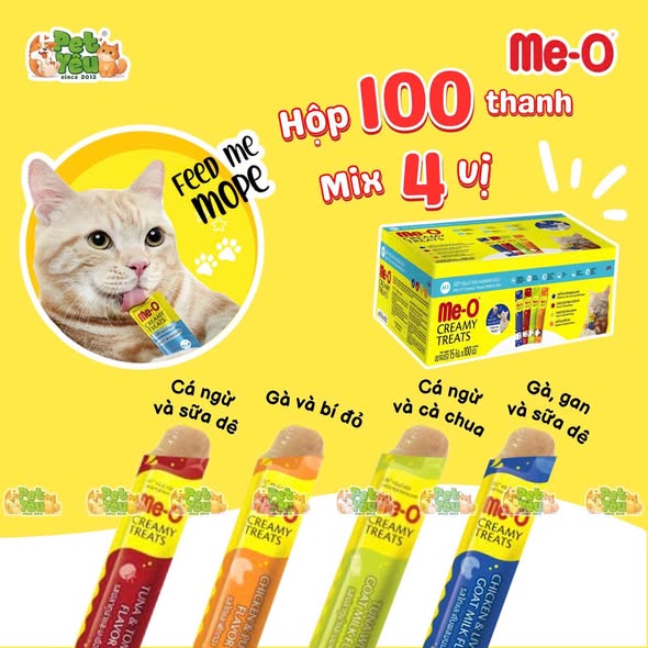 Súp thưởng dạng kem cho mèo ME-O Creamy Treats - Hộp 100 thanh Mix 4 vị
