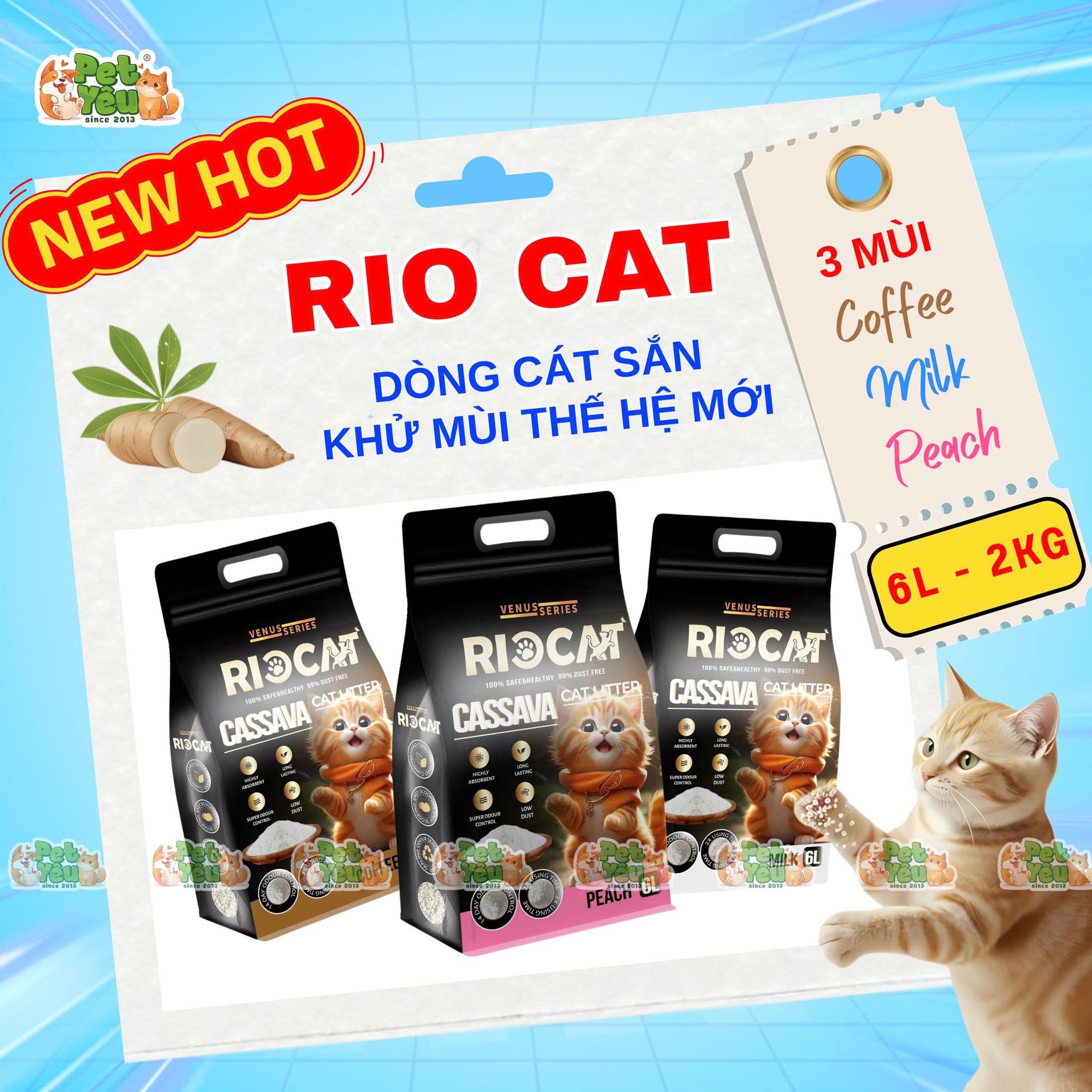Cát sắn RIOCAT dành cho mèo túi 2kg - 6L