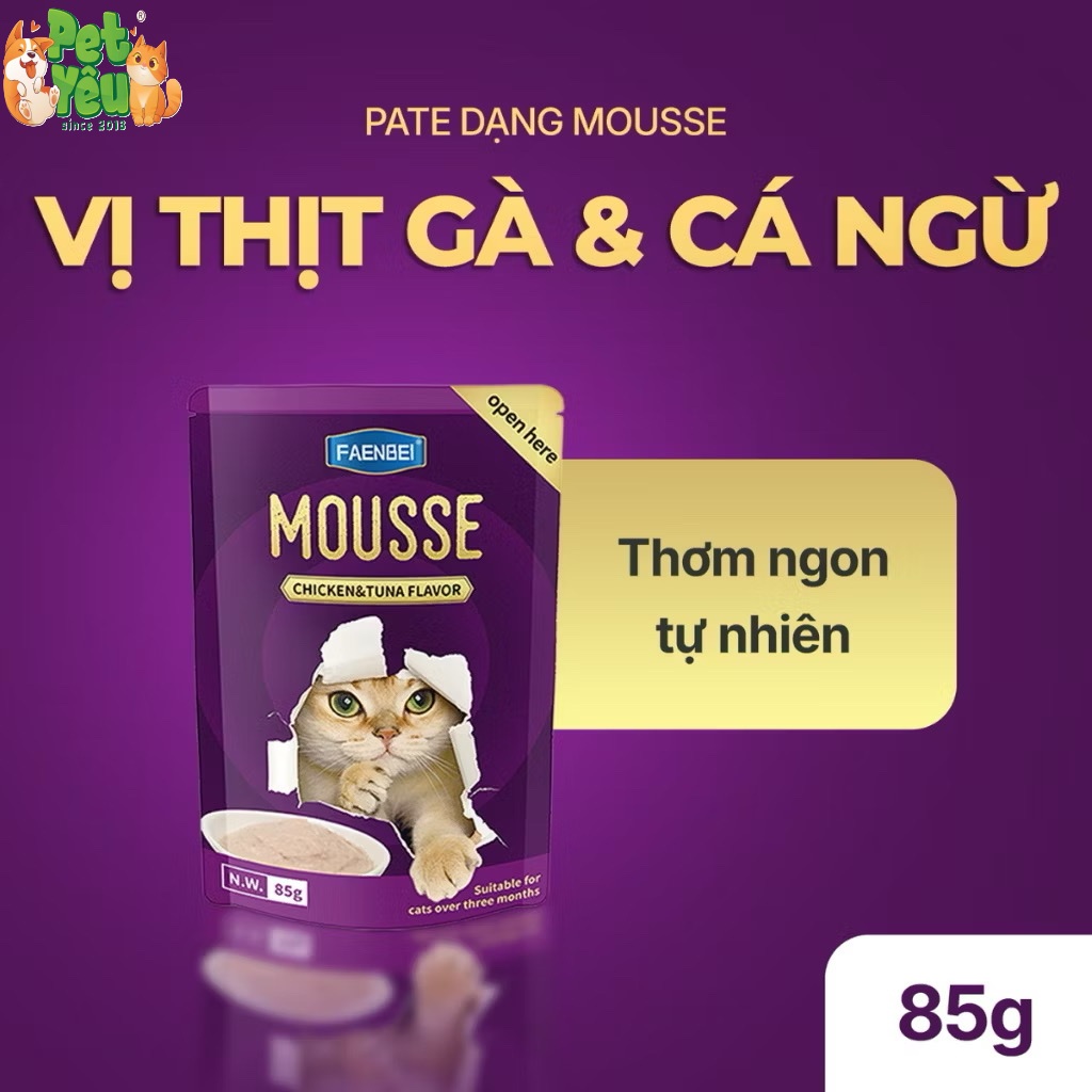 Pate Mousse FAENBEI cho mèo từ 3 tháng tuổi - Túi 85G